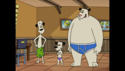 Now all three of the Hoze Houndz are in on the Underwear Parade. The other two dogs in this picture are Squirt and Hozer. In this episode, the boys become a band. So, their manager gives them a new look. No, this isn’t the look, but they did strip down