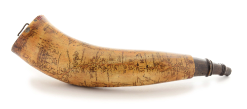 peashooter85:Scrimshawed gunpowder horn with map of New York, date 1790.from Morphy Auctions