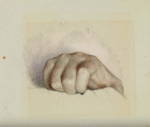 Frederick Sandys, Study of hands, 1880. Red, black and white chalk on light green paper. For the pai