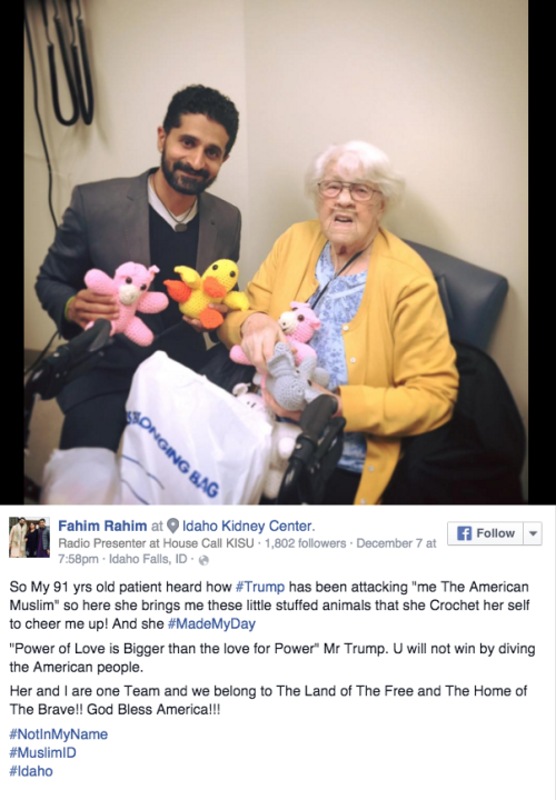 rootbeergoddess:  huffingtonpost:  Trump’s Islamophobia Upset This Patient, So She Gave Her Muslim Doctor A Sweet Gift  Oh my god, I wasn’t ready for this. This is too fucking sweet. 