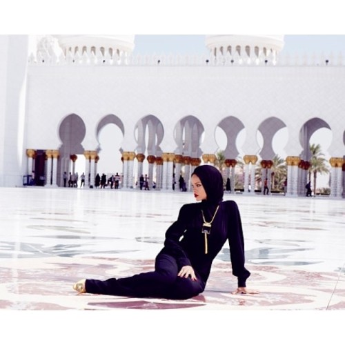 Rihanna at Sheikh Zayed Grand Mosque in Abu Dhabi city, capital of United Arab Emirates.