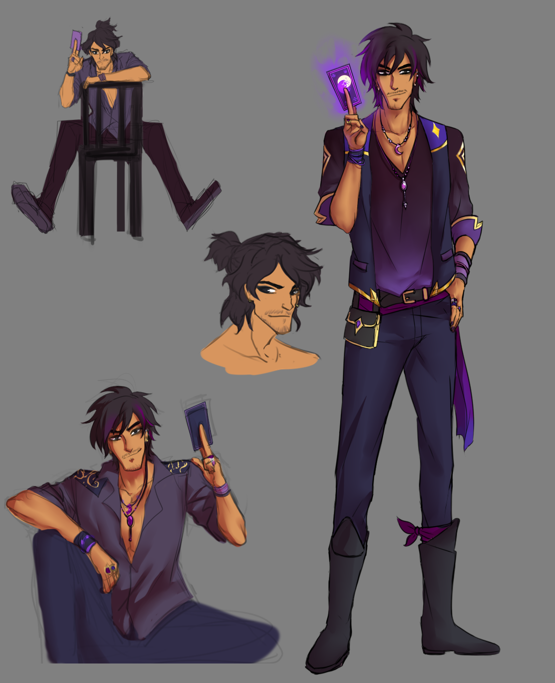 Concept sketches that lead to my somewhat final design of my new oc. He's the loosely based off the Sorcerer in 