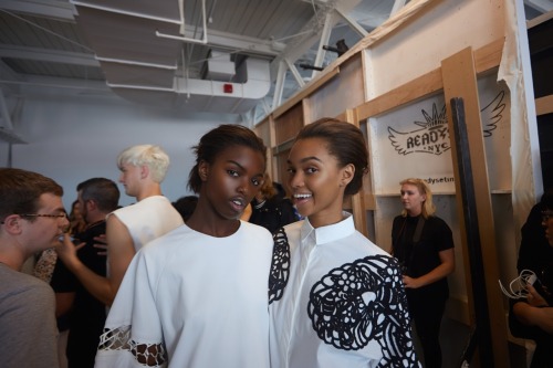 Fun faces with Leomie Anderson and Samantha Archibald backstage at the KYE SS15 Fashion Show in New 