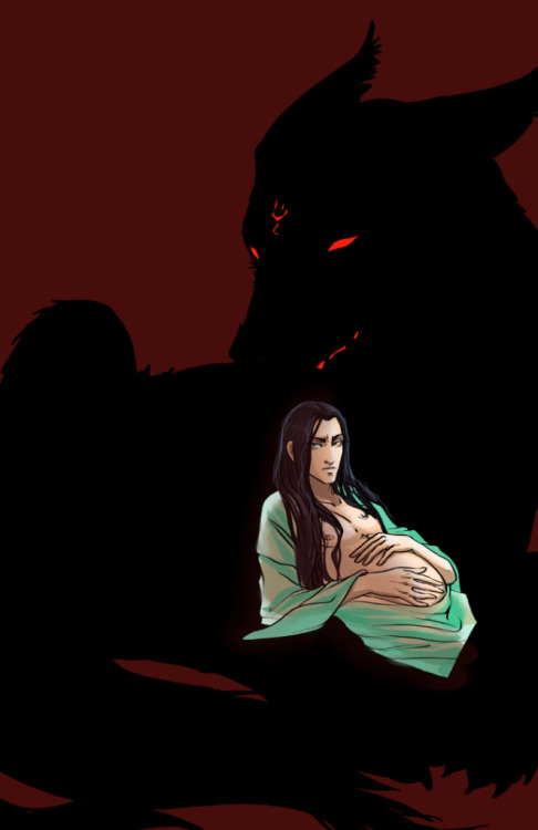 Illustration to a MPREG fiction, where Lou Binghe is a beast and Shen Jiu is a mother of his kids