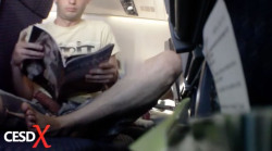 queerclick:  Daredevil takes his public wanking episodes to a whole new level (quite literally). He jerks off in the plane cabin and spurts cum all over the passenger seats and floor. Watch video here.   Lots of cum yum