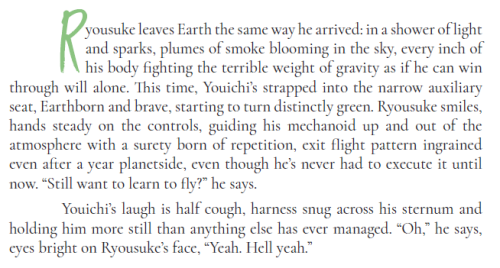  Ryousuke leaves Earth the same way he arrived: in a shower of light and sparks, plumes of smoke blo
