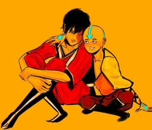 digital illustration in a cartoonish style of aang and zuko sitting on the floor together against an orange background. aang has his arm around zuko and is leaving into him while zuko has both arms wrapped around his knees. they are both smiling. the color palette is bright and warm.