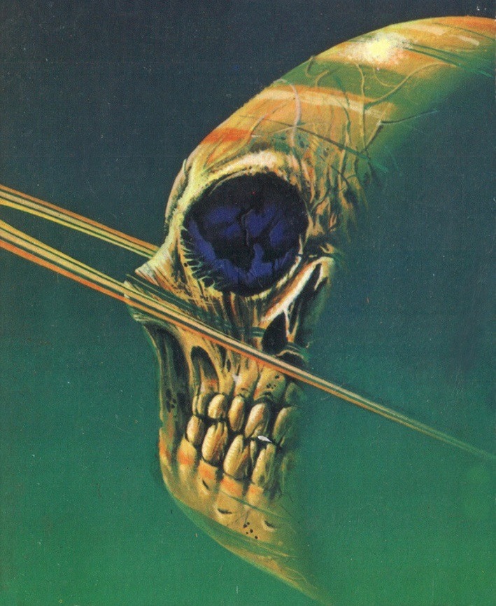 70sscifiart:    Two very different takes on a skull planet, by Ray Feibush and Bruce