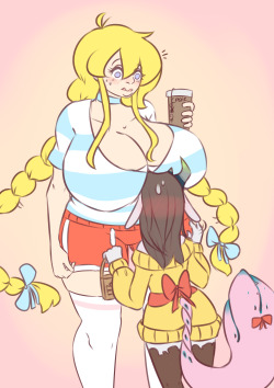 theycallhimcake:  pixkbunnie:  @theycallhimcake  His OC cassie and my monstergurl Sandra! &lt;3 accidental walking into boobs ftw! but ouch those horns! ;A; I looove cassie! she’s like so tall and afbsai LOVE HER CAKE I gotta draw her more when I