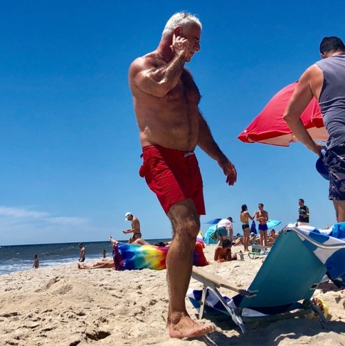 astorianyhairydad: daddiesonthego: Silver Fox Muscle Beach Daddy soaking in the sun at Fire Island B