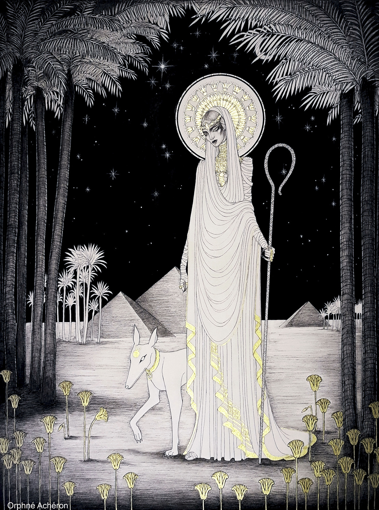 SHEPHERDESS.THE LIGHT OF VENUS ON THE NILE.XIX.III.MMXIX. by Orphné Achéron.
pencil, ink and gold.