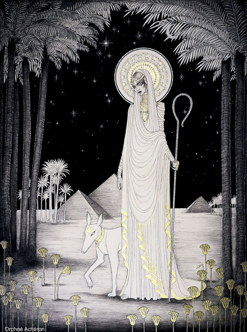 SHEPHERDESS.THE LIGHT OF VENUS ON THE NILE.XIX.III.MMXIX. by Orphné Achéron.pencil, ink and gold.