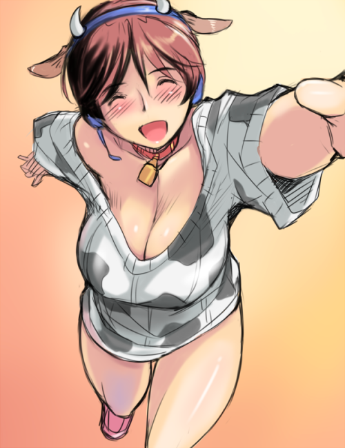 Gelbooru- Image View - 1girl animal ears bell bell collar bottomless breasts brown eyes brown hair cleavage collar cow ears cow horns cow print eyes closed female from above happy headset horns huge breasts idolmaster idolmaster cinderella girls large