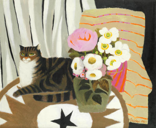 huariqueje:  Striped tabby cat with a vase of flowers   -    Mary Fedden  R
