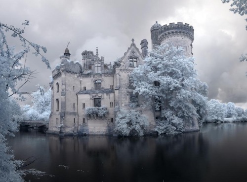 puppycemetery:This forgotten castle (Château de la Mothe-Chandeniers) was abandoned after a fire In 1932. Seeing it up close is breathtaking. These days it seems like castles only exist in storybooks and Disney movies. What happened to the foreboding