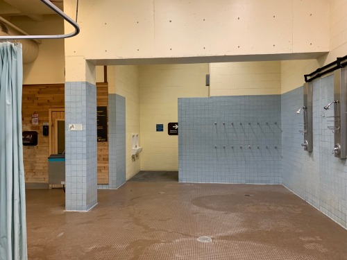 The showers in the men’s locker room in the Heskett Center at Wichita State University, Kansas.