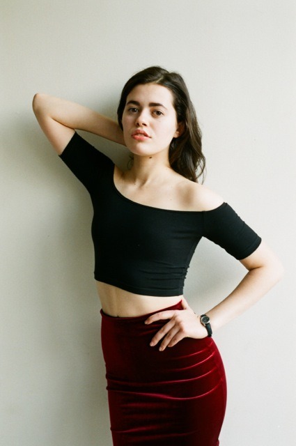 americanapparel:  Paula wearing the Cotton Spandex Off-Shoulder Top, Velvet Pencil Skirt, and Sheer Luxe Backseam Stocking.  this is a super-cute outfit