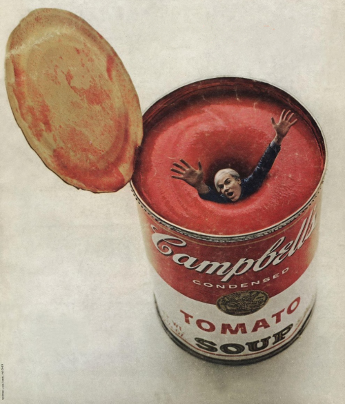 nemfrog:  Andy Warhol drowning in a can of tomato soup. Esquire. May 1969. Cover detail. One of many famous Esquire covers designed by George Lois from 1962-72.Internet Archive