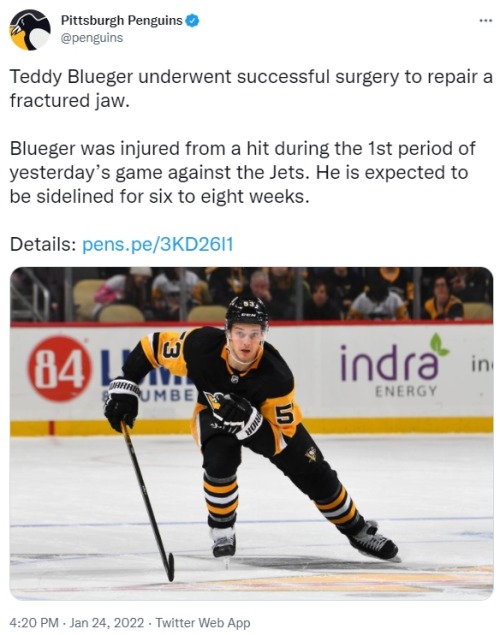 icedbatik:

x x #poor Teddy #I thought he had a concussion which is bad in itself #but damn #and no penalty called #🤦‍♀️🤦‍♀️🤦‍♀️#teddy blueger#pittsburgh penguins #january 24 - 2022