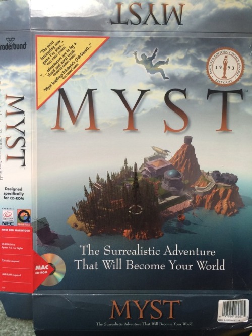 And here’s the box for Myst. Editor’s Choice best game of ‘93! Requires a fancy new CD-ROM drive, 25