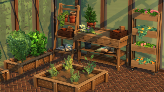 In-game preview of garden items from the Moonwood Garden The Sims 4 custom content set by myshunosun.