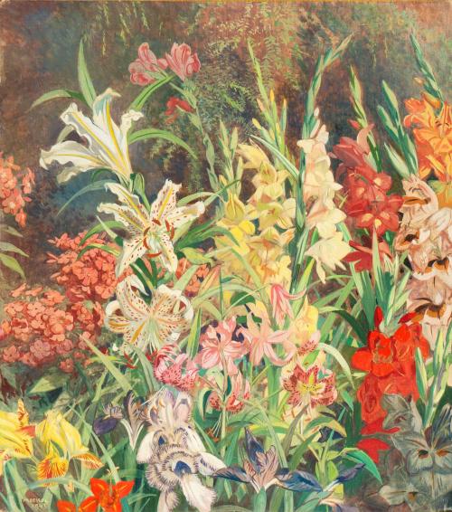 antoniettabrandeisova: Artist’s Garden with Lupins, Irises, Gladioli and Lilies, Julius Moesse