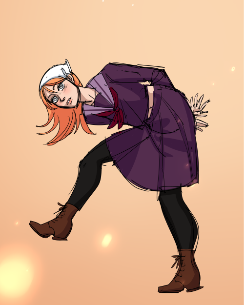 Aaand some part 3 Angie! [ID 2: A girl with pale orange hair, gray eyes, a purple school uniform, bl