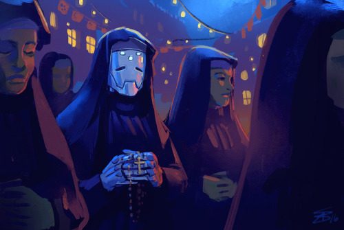 adamnfiddle:A small cluster of nuns in black gowns and habits wander after, singing in prayer. The w