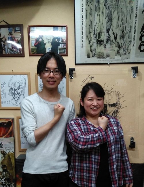 snknews: Isayama Hajime Visits Local Anime Store Ota-Base (Again) After his previous publicized visit on March 2nd, 2018, Isayama Hajime has returned to the Hita city anime store Ota-Base again! A few photos of Isayama doing SnK-relevant poses alongside