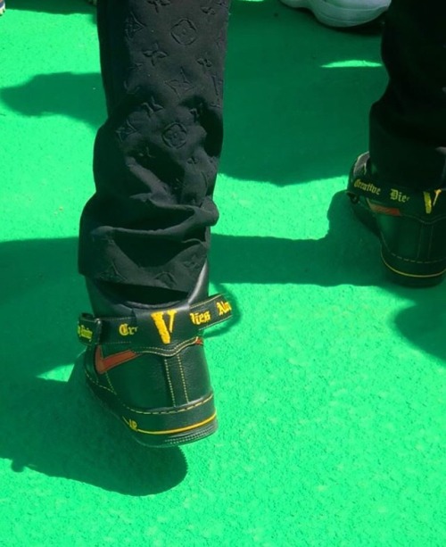 asaprockyoutfits:Asap Rocky in Louis Vuitton pants And Nike AF1 x VLONE