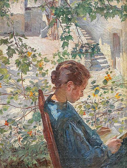 Young Woman Reading in Garden. Otto Vautier (Swiss, 1863-1919). Oil on canvas.Between 1915 and 1917 