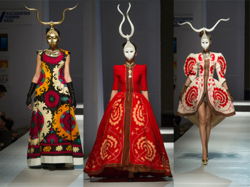 suzani:Outfits from Aya Bapani, a fashion designer from Kazakhstan. On the left are traditional taji