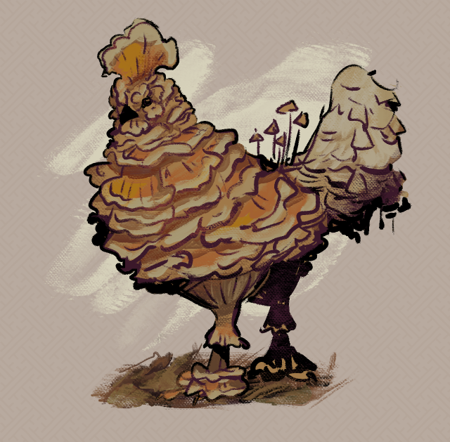 a chicken like creature mostly made out of the edible mushroom chicken of the woods, with a shaggy inkcap mushroom for a tail