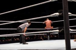 rwfan11:  CM Punk- straddles the ring post
