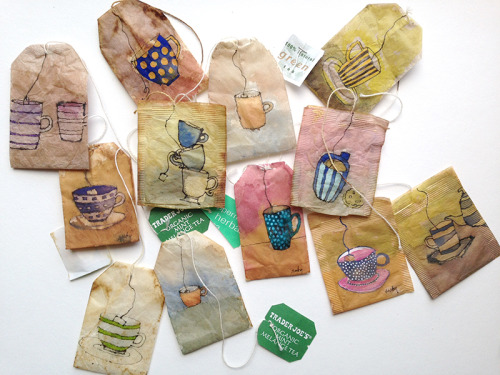 ghastlyremnants:Ruby SilviousTeacups on tea bagsgouache, watercolor and markers, 2014