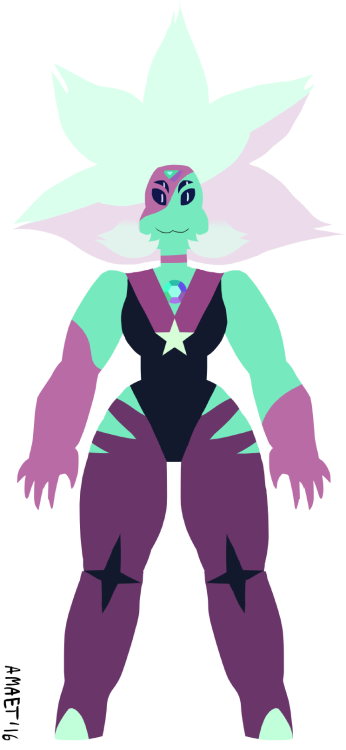 amaet:  FLUORITE, amethyst/peridot fusion the first thing i thought when planning this design was ‘holy shit it’s going to be a fucking cat’. important elements include: catsuit collar (actually skin marking) alien cat face pseudo cat ears sideburns