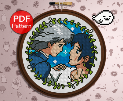 Click on the image to download the pattern.-Sophie and Howl - Free Cross Stitch Pattern-14 DMC color
