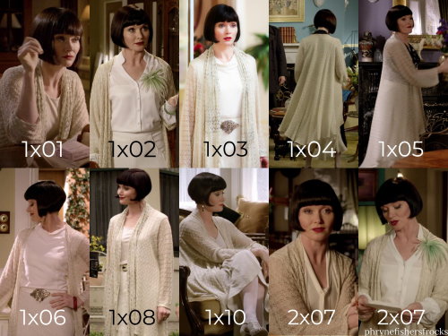 Miss Fisher’s sixth outfit of “Blood at the Wheel” (Season 2, Episode 7), features her classic silk 