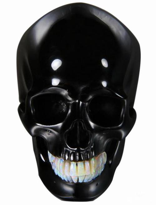 twenty1-grams:Black Obsidian Carved Crystal Skull with Opal Teeth and Detachable Jaw Sculpture