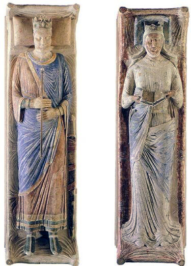 Effigies of Eleanor of Aquitaine (d. 1204) and Henry II of England (d. 1189) in Fontevraud Abbey in 