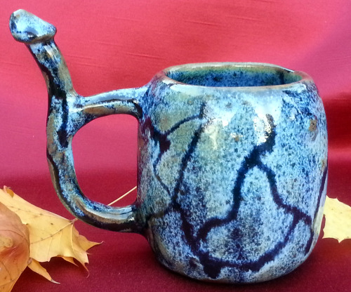 coffee mug penis shaped handle tip 16oz, Ceramic hand made, arctic blue glaze with dark blue veins -