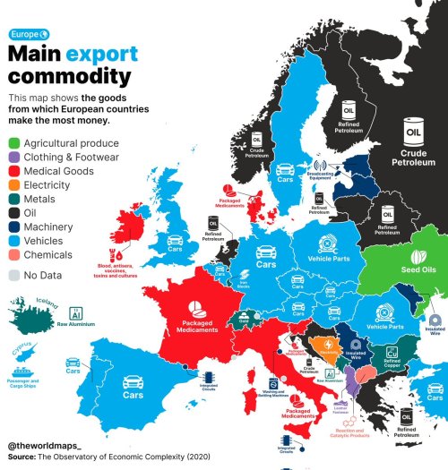 The main export commodity of European countries.Data: https://oec.world/by @theworldmaps_