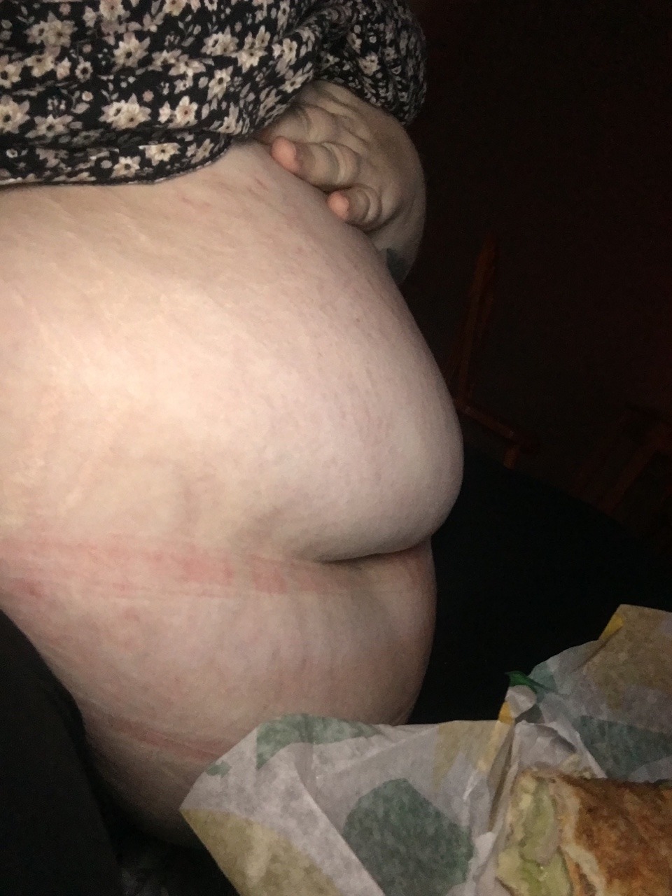 growingcutie: Hanging so low lately! Had to free my belly while stuffing because