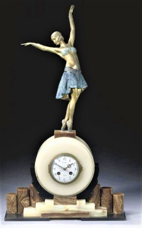 the1920sinpictures:  1930 Painted spelter and marble dancer clock by Enrique Molins Balleste. From Art Deco, FB.