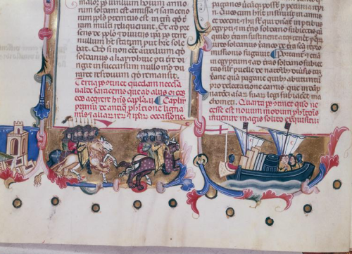 medievalpoc: Anonymous Italian Illuminator Horsemen and Boatmen Italy (1321) Illumination on Parchme