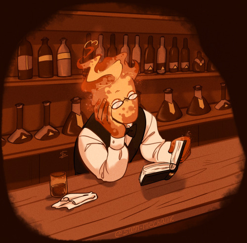 A digital drawing of Grillby from Undertale sitting in his bar, reading a book with his head propped up on his hand. The room is warm-looking and Grillby seems content. A glass that's half-full of alcohol and his cleaning rag are left abandoned near him on the bartop. 