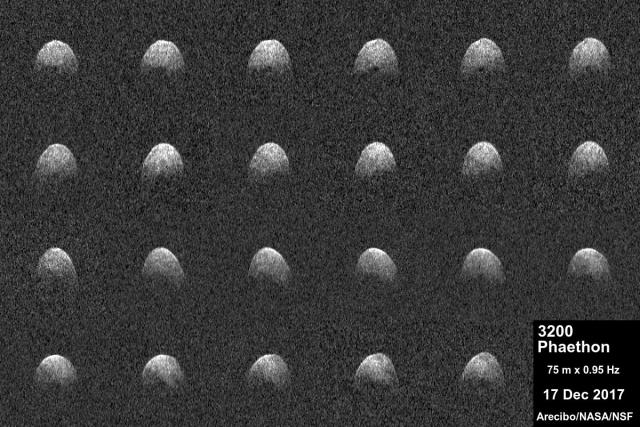 23 radar images of near-Earth object 3200 Phaethon are shown in four rows against a black background. Text in the lower right corner reads, “3200 Phaethon, 75 m x 0.95 Hz, 17 Dec 2017, Arecibo/NASA/NSF.” Credit: Arecibo Observatory/NASA/NSF