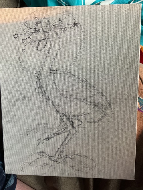 An image of a bird resembling a great blue heron, in place of its head there is a flower and its legs turn into tree branches with leaves at the end. The back leg looks like it has been broken