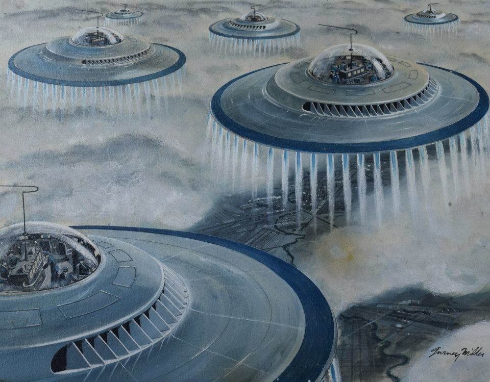 Gurney Miller did this painting in the 1950s for magazines like Popular Mechanics, as a concept for what an Air Force flying saucer would be like.