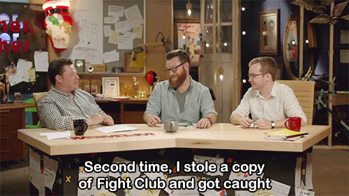 threecowboyhats:J: I worked at Blockbuster twice. I can say-G: Hold! What happened? (x)[GIF descript